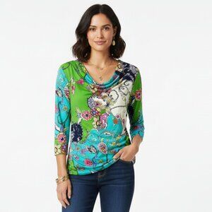 Carmen Marc Valvo Dark Floral Print Half Sleeve Drape Neck Blouse top M